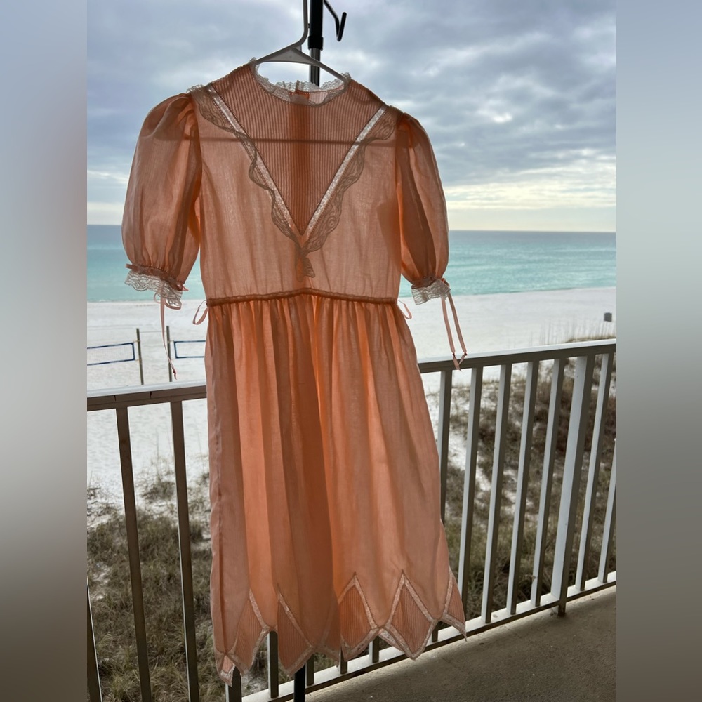 Vintage Semi Sheer Peach with Cream Lace Trim Dress